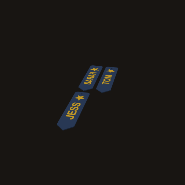 Three bookmarks, each with a different name raised along it