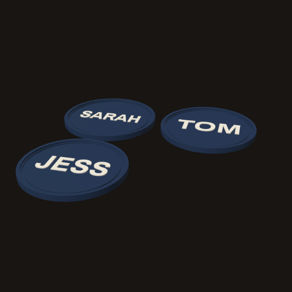 Three navy coasters, each raised with a different name