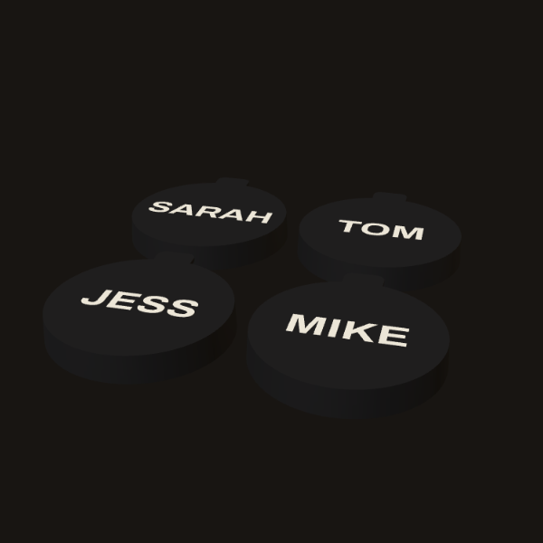 Four drink covers, each carrying a different name