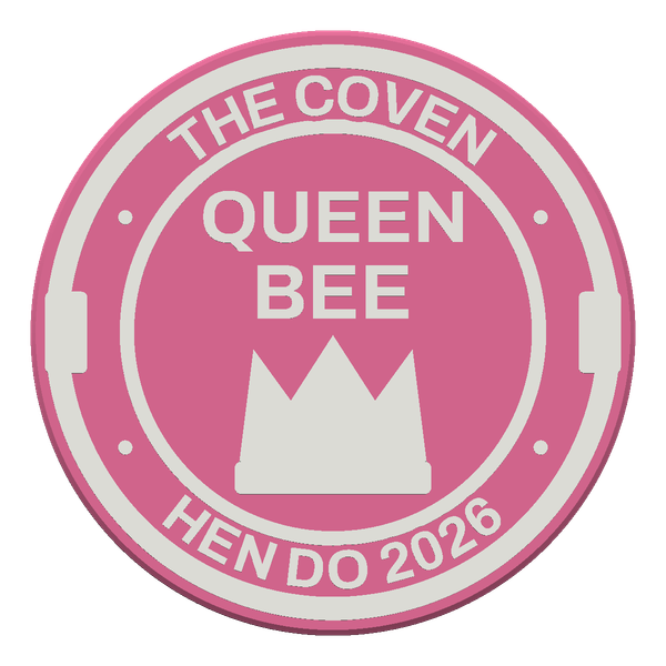 A pink and white award chip reading QUEEN BEE