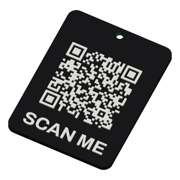A black and white tag carrying a QR code and the words SCAN ME