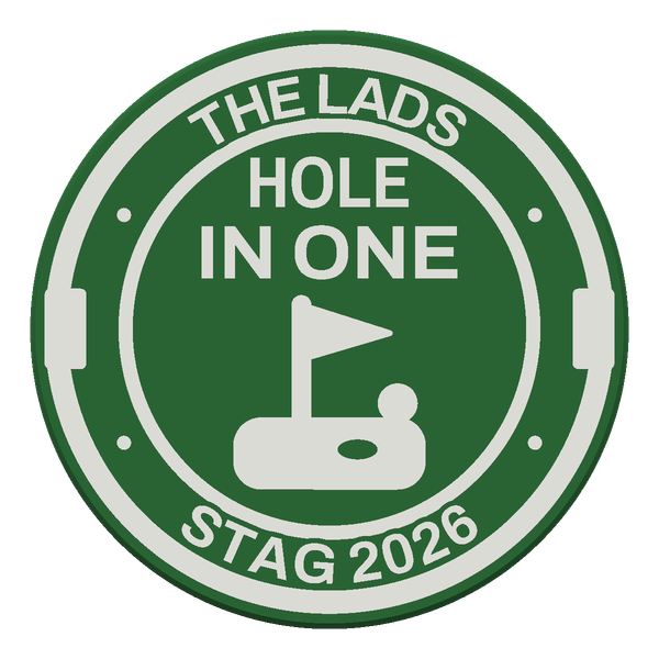 A green and white award chip reading HOLE IN ONE